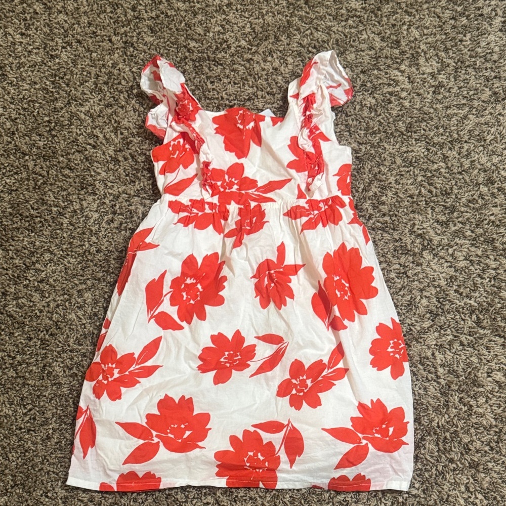 Girls White Dress with Red Orange Floral Print